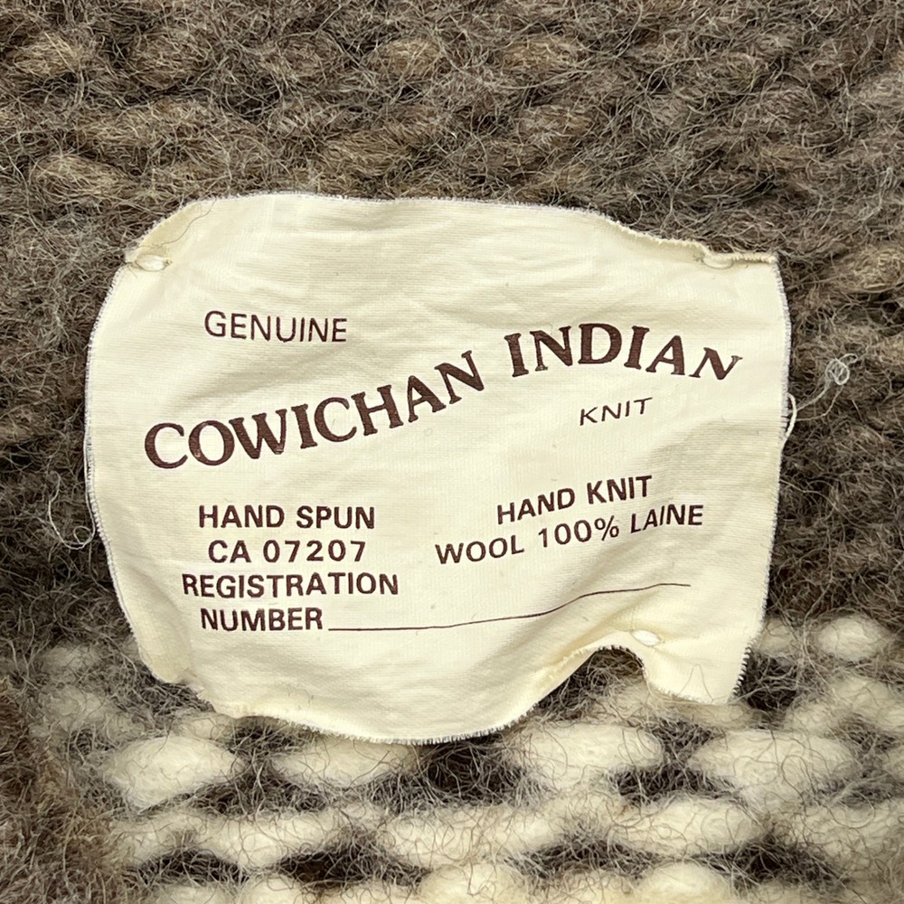 Cowichan Indian Knit Cardigan Mens Large* Brown Whale Hand Knit Wool Zip Sweater - Picture 3 of 11